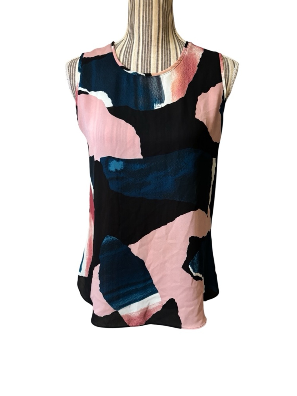 DKNY Blouse Small Sleeveless Colorblock Abstract Pink Black Green White Lightwt